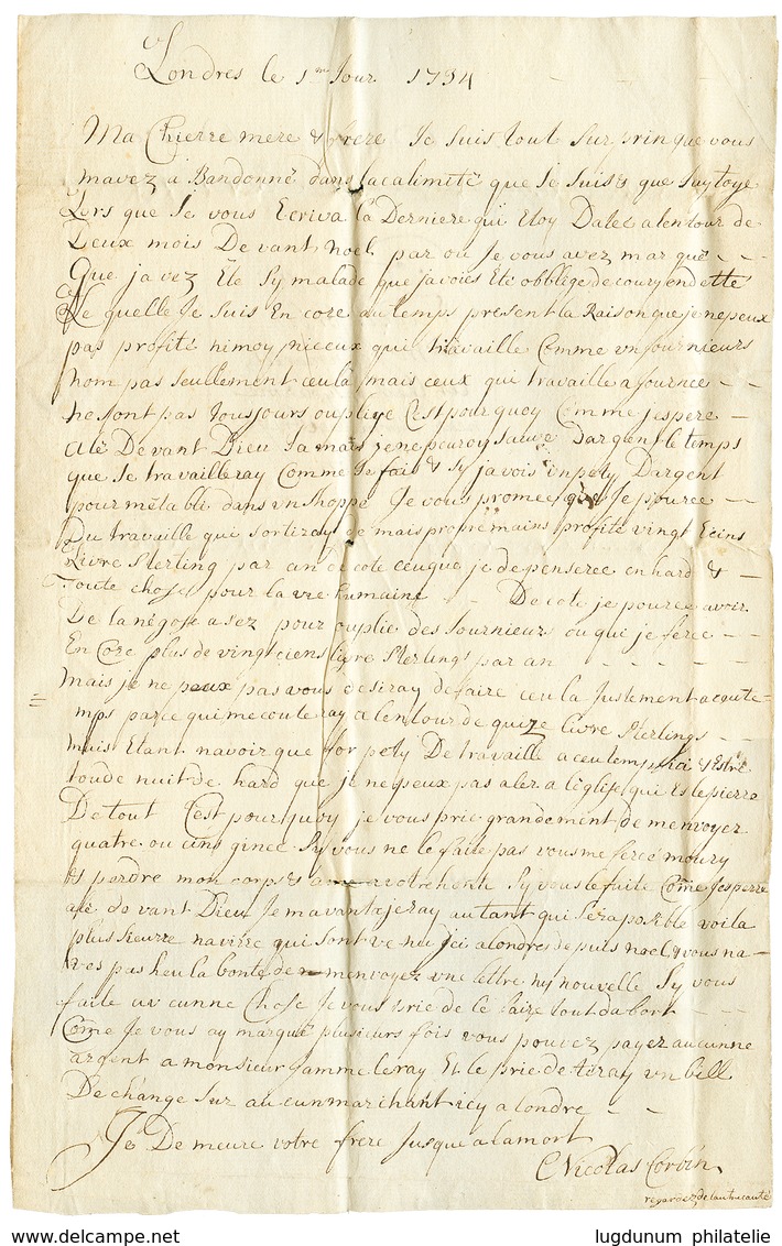 141 1734 Lettre Avec Texte Daté De LONDRES Pour ST PIERRE DU BOIS, GUERNESEY. Superbe. - Guernesey