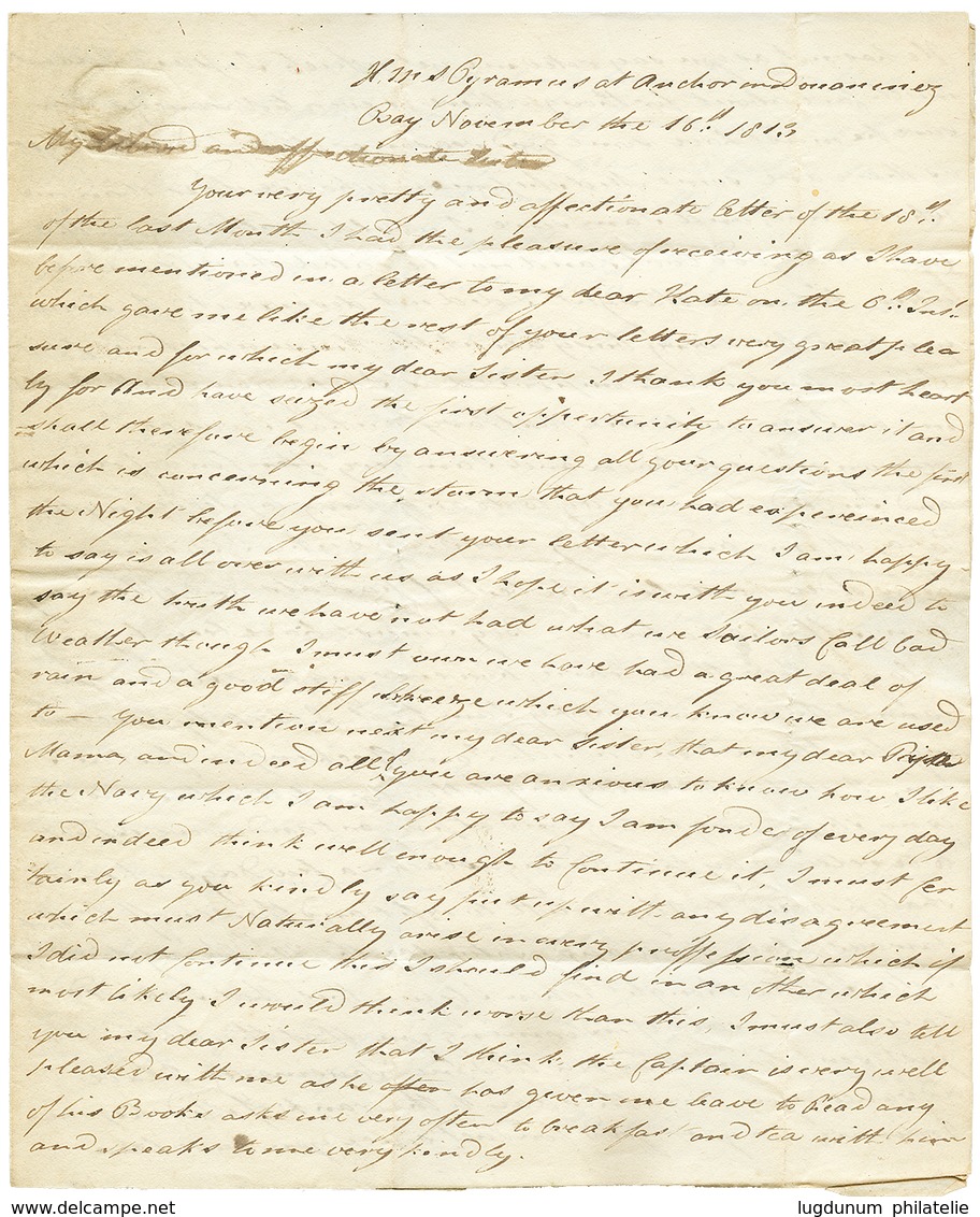 143 "BAIE De DOUARMENEZ" : 1813 Taxe "2/" Sur Lettre D'un Navire De Guerre Anglais Avec Texte Daté " H.M.S PYRAMUS At An - Guernesey