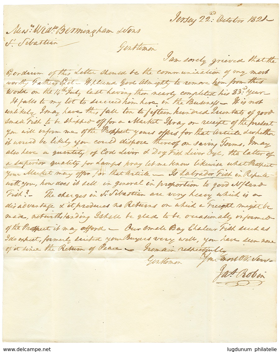 148 "JERSEY Pour L' ESPAGNE - Texte Sur La GRANDE PECHE Au LABRADOR" : 1821 Scroll Cachet JERSEY Sur Lettre Avec TB Text - Guernsey