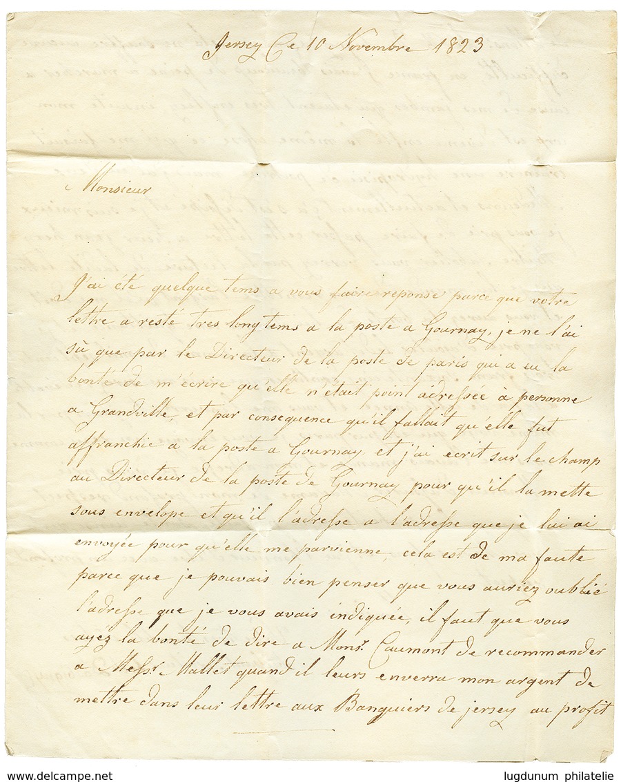 150 1823 GRANDE BRETAGNE PAR GRANVILLE Rouge-noir Sur Lettre Avec Texte De JERSEY Pour La FRANCE. Rare. TB. - Guernsey