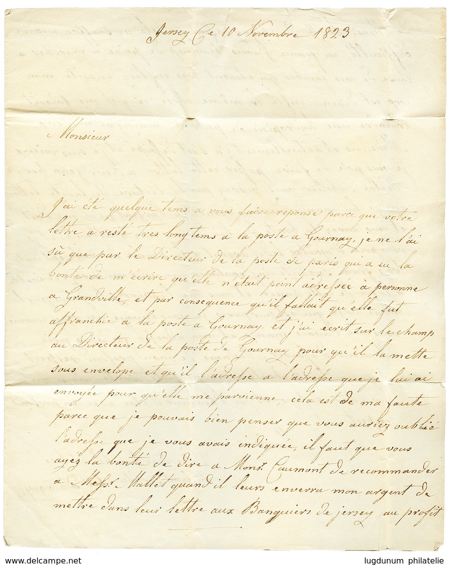 150 1823 GRANDE BRETAGNE PAR GRANVILLE Rouge-noir Sur Lettre Avec Texte De JERSEY Pour La FRANCE. Rare. TB. - Guernesey