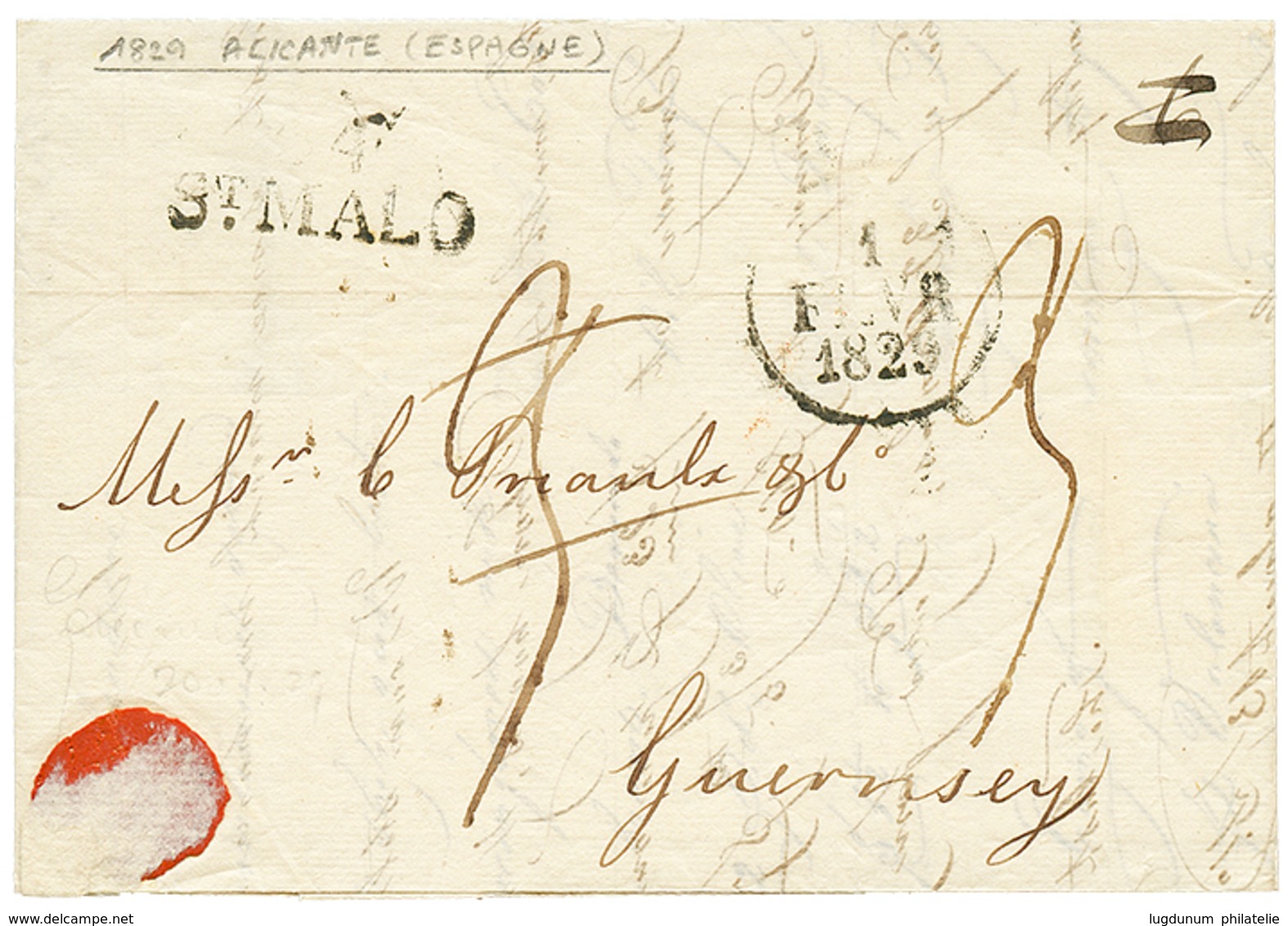 153 "SPAIN Via ST MALO Pour GUERNESEY" : 1829 34 ST MALO Sur Lettre Avec Texte Daté "ALICANTE" Pour GUERNESEY. RARE. TTB - Guernsey
