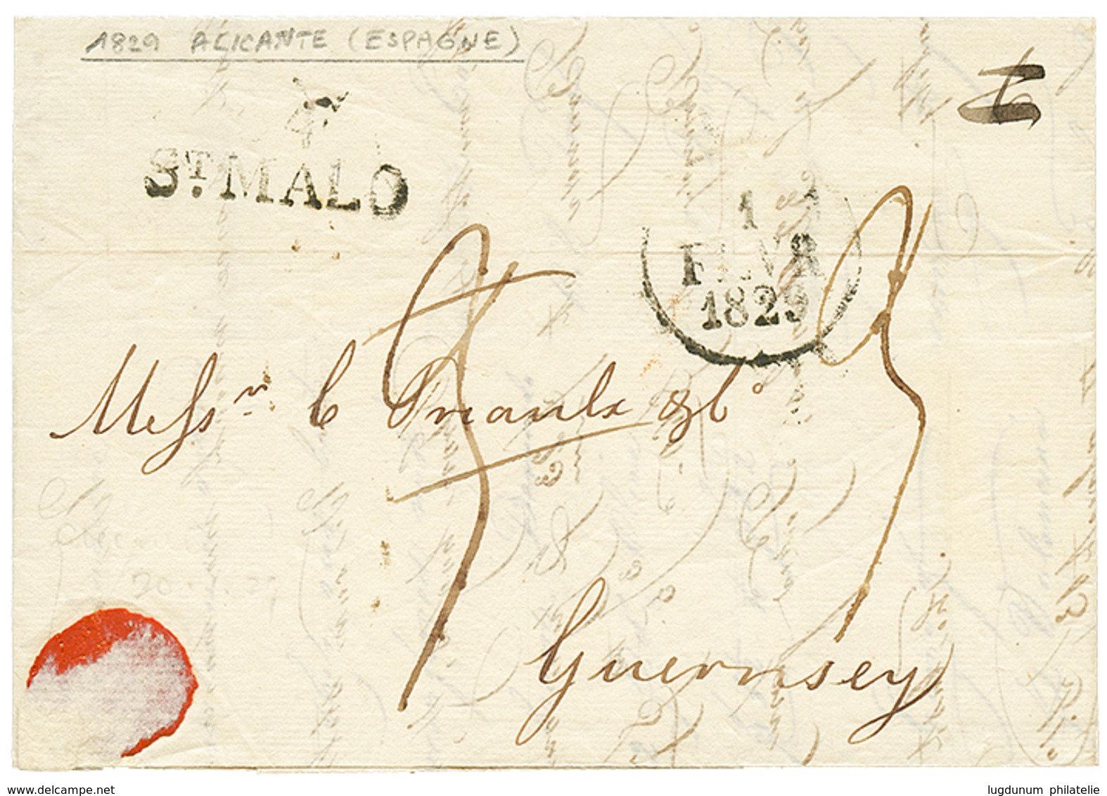 153 "SPAIN Via ST MALO Pour GUERNESEY" : 1829 34 ST MALO Sur Lettre Avec Texte Daté "ALICANTE" Pour GUERNESEY. RARE. TTB - Guernesey