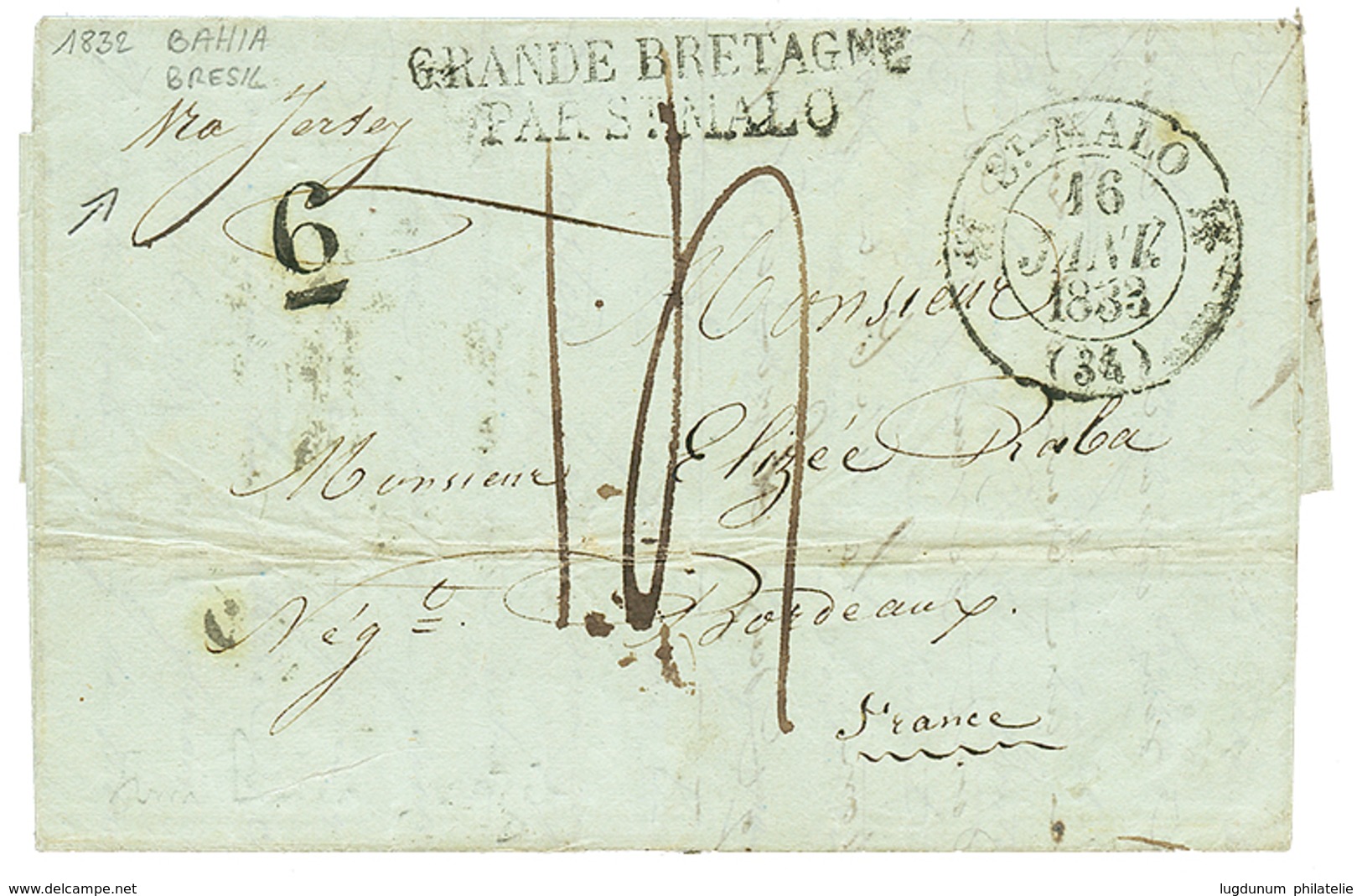 154 "BRESIL Via COURRIER De JERSEY" : 1833 GRANDE BRETAGNE PAR ST MALO + "Via JERSEY" Manus. Sur Lettre Avec Texte De "B - Guernsey