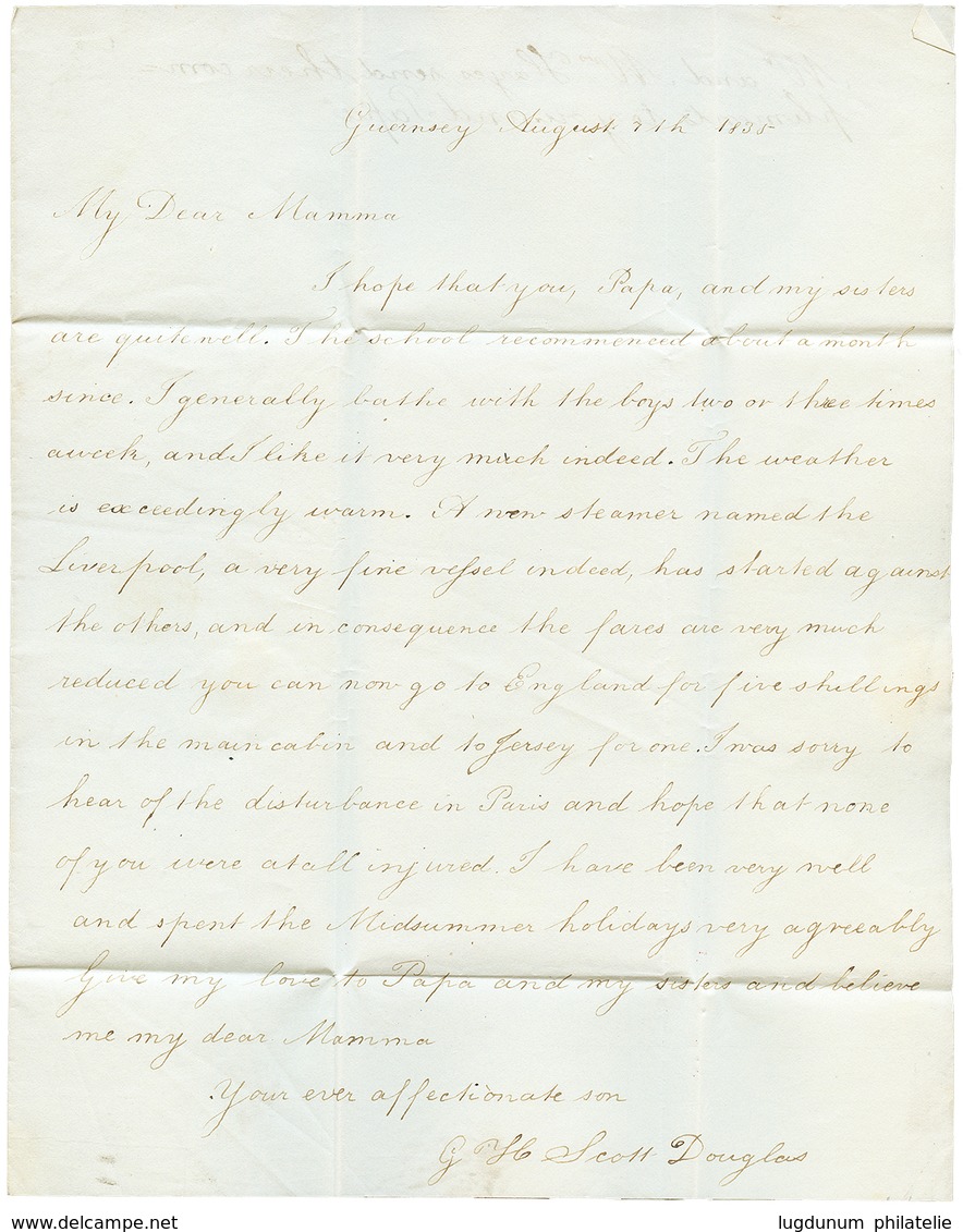 155 1835 PAYS D' OUTREMER + CHERBOURG Sur Lettre Avec Texte De GUERNESEY Pour PARIS. Superbe. - Guernsey