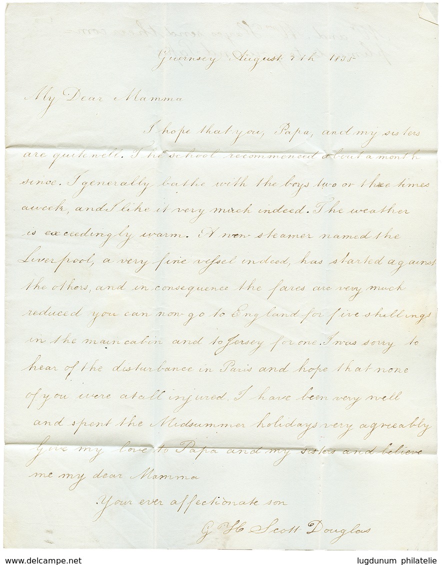 155 1835 PAYS D' OUTREMER + CHERBOURG Sur Lettre Avec Texte De GUERNESEY Pour PARIS. Superbe. - Guernesey