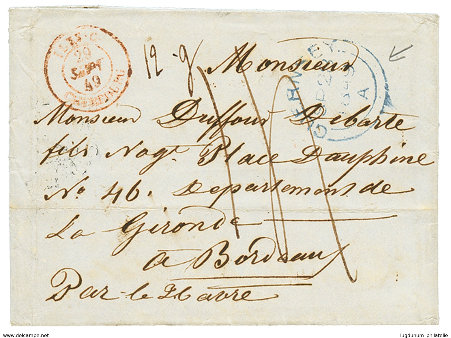 156 1849 ILES C. CHERBOURG Rouge + GUERNESEY Bleu + Taxe 14 Sur Lettre Pour BORDEAUX. TB. - Guernsey