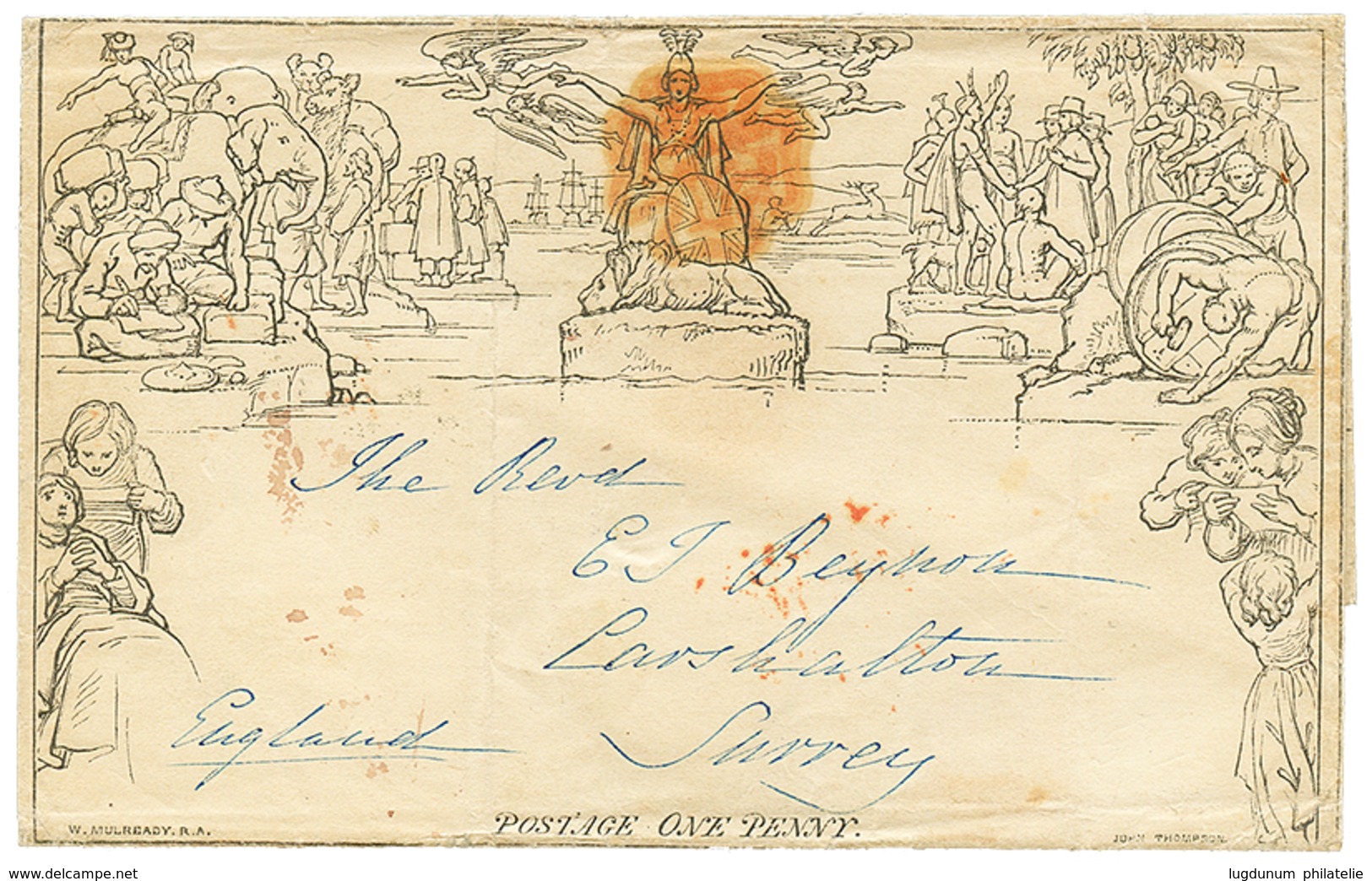 159 "MULREADY Utilisé à JERSEY" : 1840 MULREADY "ONE PENNY" Pour SURREY. Verso, JERSEY 17 Aug 1840. RARE. TTB. - Guernsey