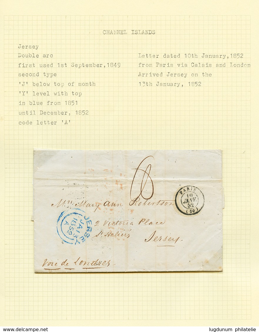 163 1849/52 3 Lettres De PARIS Pour JERSEY (cds JERSEY Rouge Ou Bleu) + Cachet LIGNE DE CALAIS N°1. TTB. - Guernesey