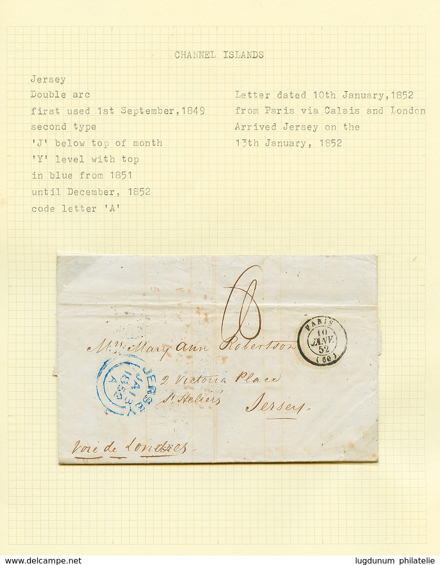 163 1849/52 3 Lettres De PARIS Pour JERSEY (cds JERSEY Rouge Ou Bleu) + Cachet LIGNE DE CALAIS N°1. TTB. - Guernsey