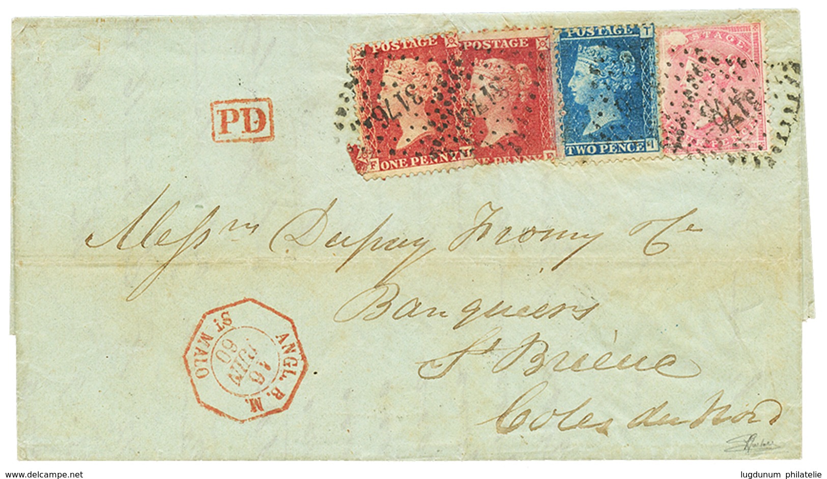 169 1860 GB 1p(x2) + 2d+ 4d(variété D' Impression) Obl. PC 3176 + ANGL. B.M ST MALO Sur Lettre Avec Texte De JERSEY Pour - Guernesey