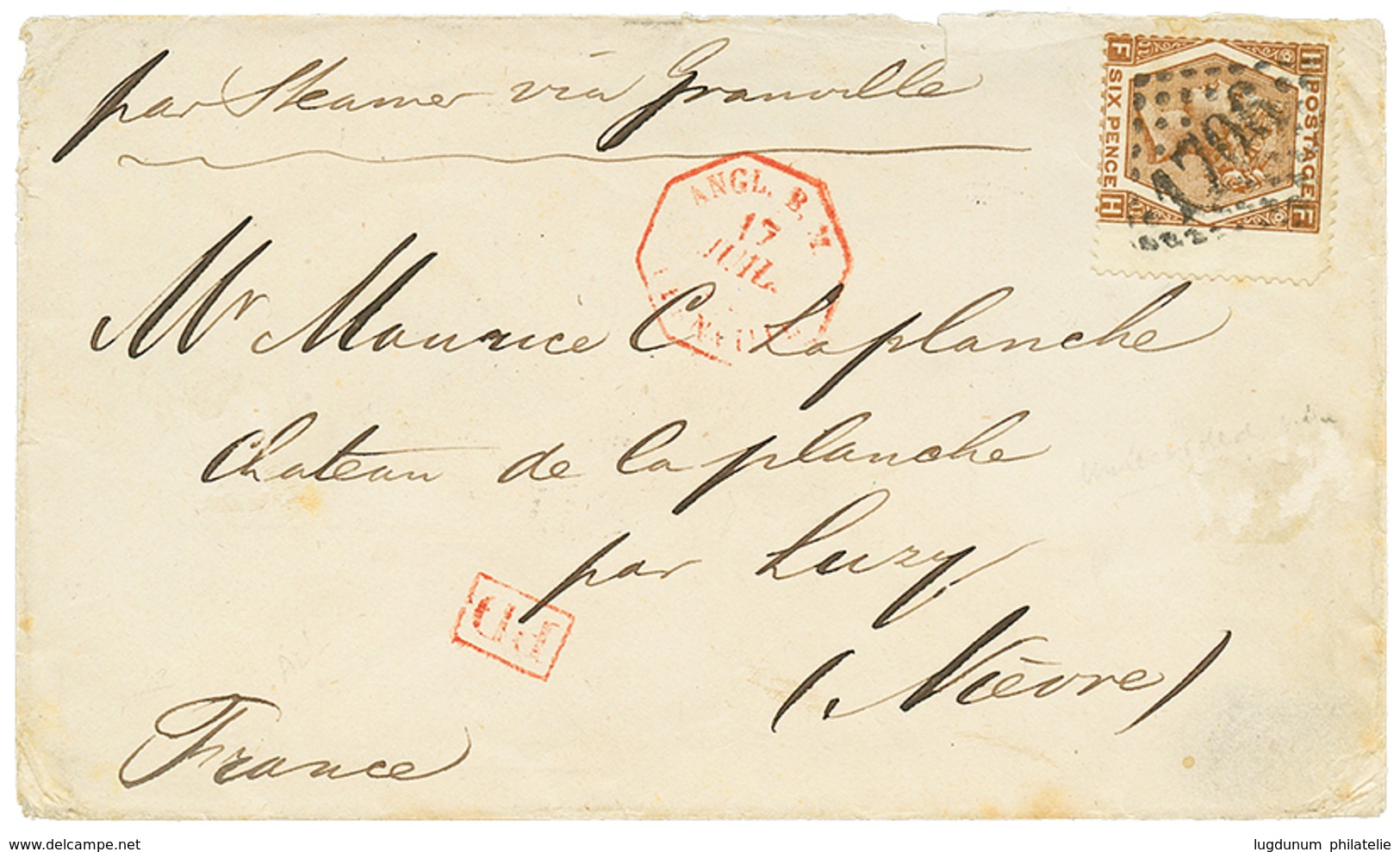 170 1872 GRANDE BRETAGNE 6p Brun Obl. GC 1706 + ANGL. B.M GRANVILLE Rouge Sur Enveloppe Pour La FRANCE. GROS CHIFFRE Rar - Guernesey