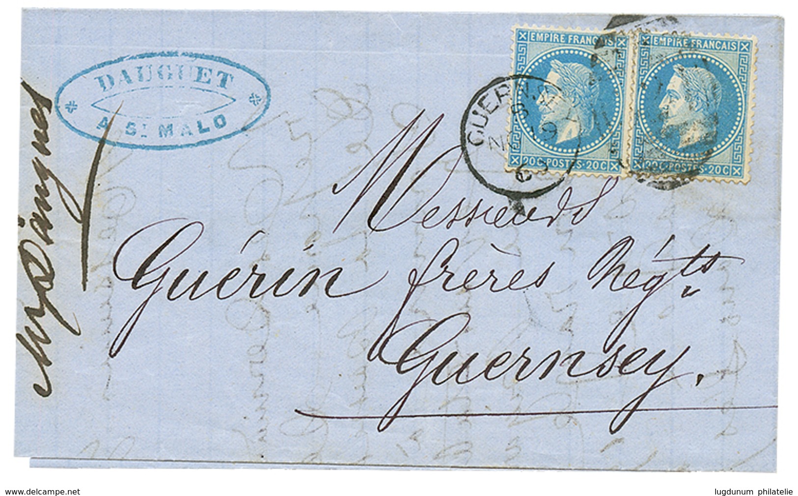 171 "BOITE MOBILE" : 1869 FRANCE 20c(n°29)x2 Obl. Killer 324 + GUERNESEY Sur Lettre Avec Texte De ST MALO Pour GUERNESEY - Guernesey