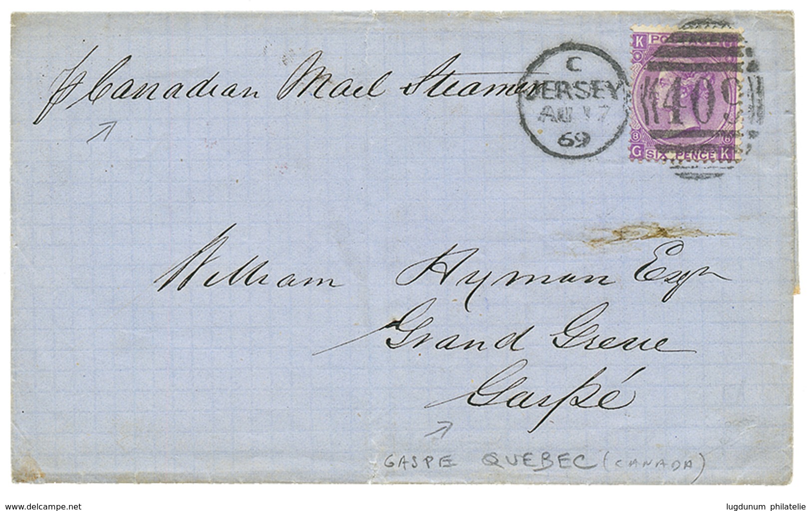 173 JERSEY Pour Le QUEBEC : 1869 GB 6d Obl. 409 + JERSEY Sur Lettre Pour GASPE QUEBEC, CANADA. TTB. - Guernesey