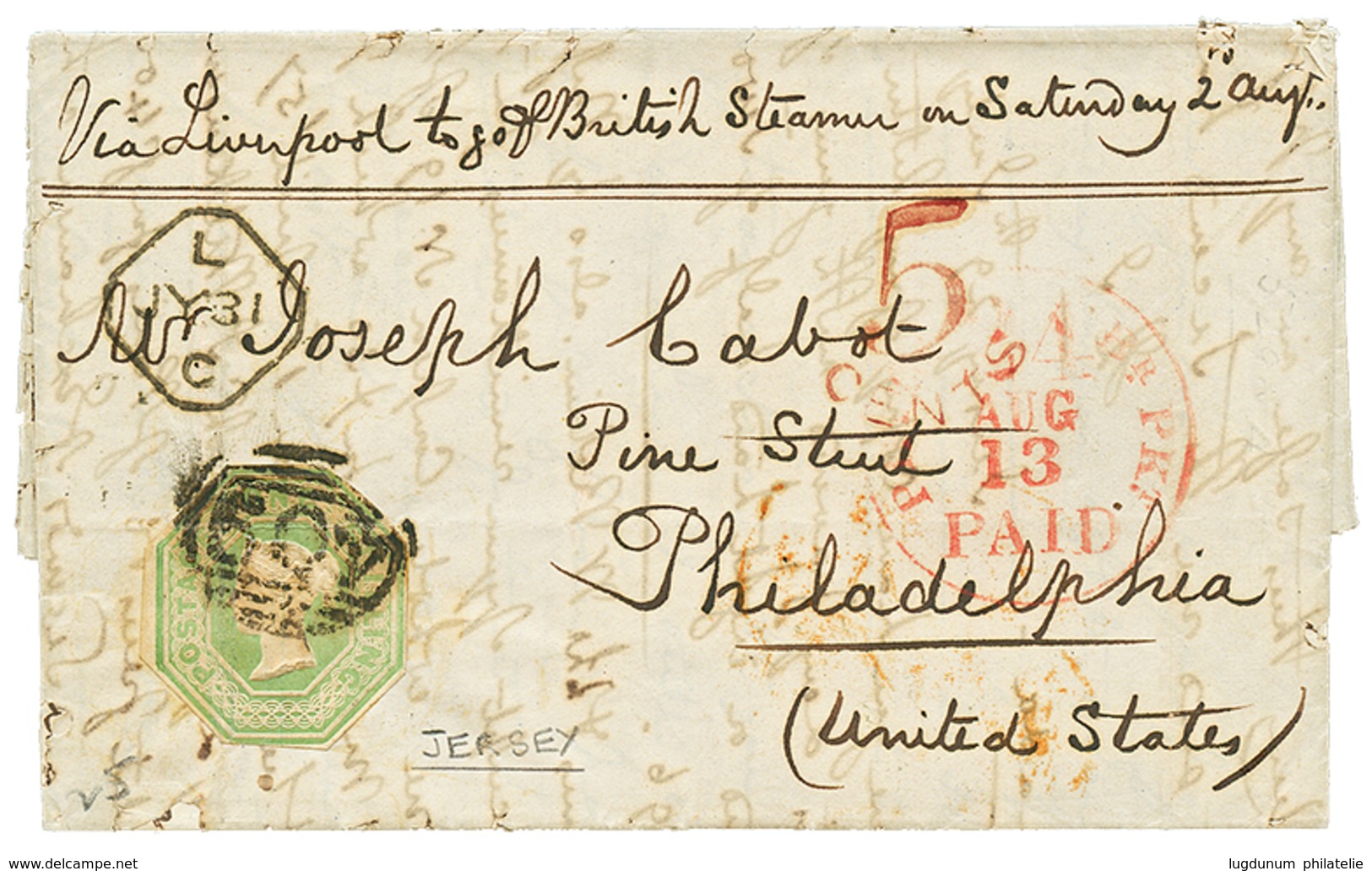 174 1856 GB 1 SHILLING(coin Découpés) Obl. 409 + JERSEY Sur Lettre Pour PHILADELPHIA (USA). TTB. - Guernesey