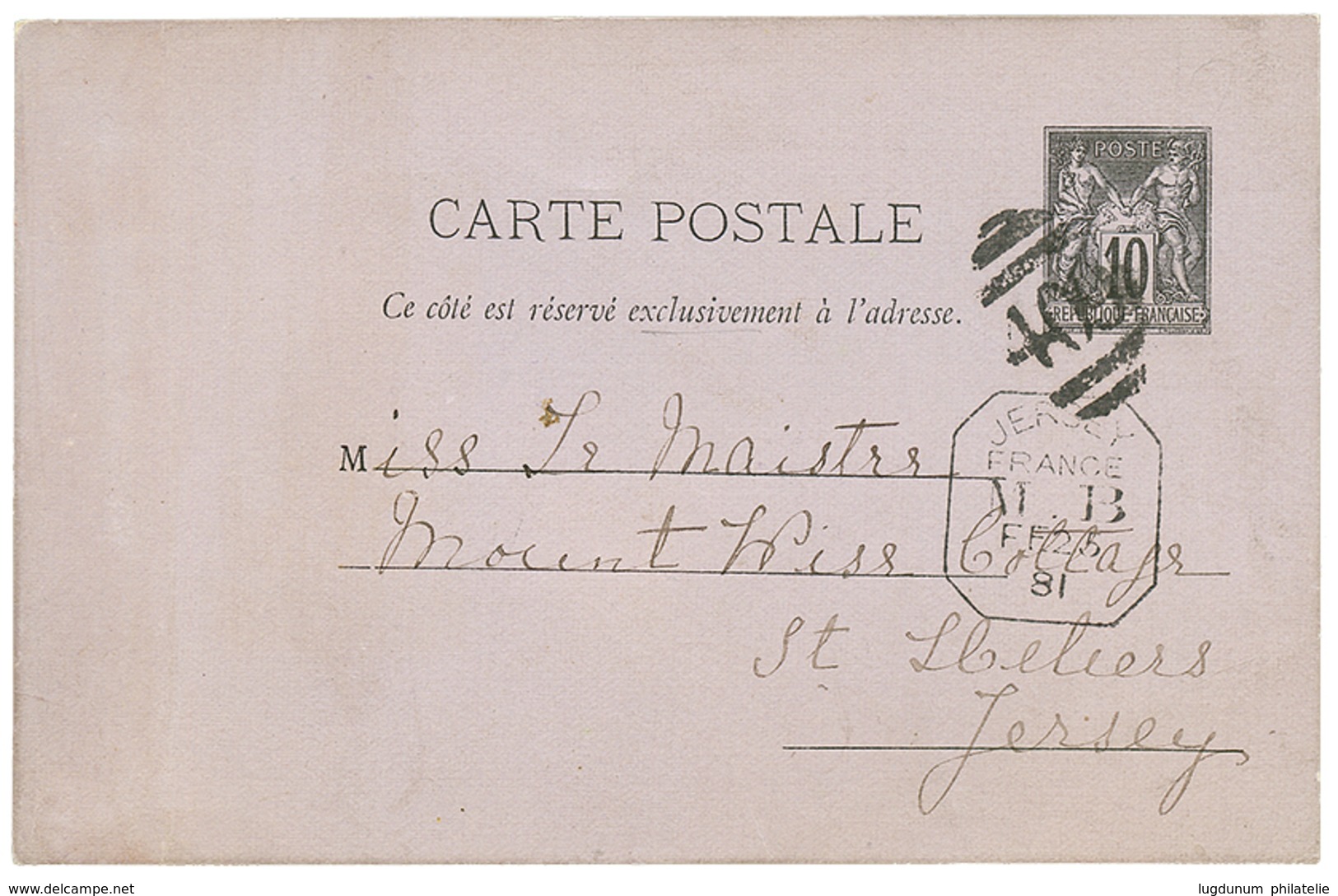 175 "BOITE MOBILE De JERSEY" : 1881 Entier 10c SAGE Obl. Killer 409 + JERSEY/ FRANCE/ M.B Pour ST HELLIERS. RARE. Superb - Guernesey
