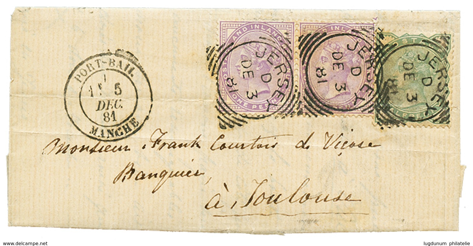 176 "Entrée Par PORT-BAIL" : 1881 GB 1/2d+ 1d(x2) Obl. JERSEY + PORT-BAIL MANCHE Sur Lettre(léger Pli) Avec Texte Pour T - Guernsey