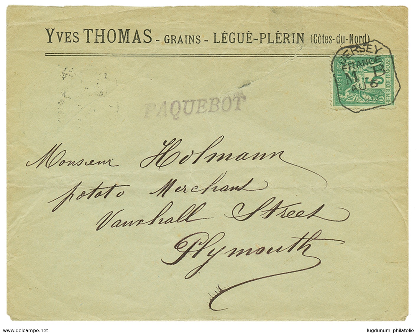 177 "LEGUE PLERIN" : 1896 FRANCE 5c SAGE Obl. JERSEY/FRANCE/ M.B + Griffe PAQUEBOT Sur Env(pd) De LEGUE-PLERIN Pour PLYM - Guernsey