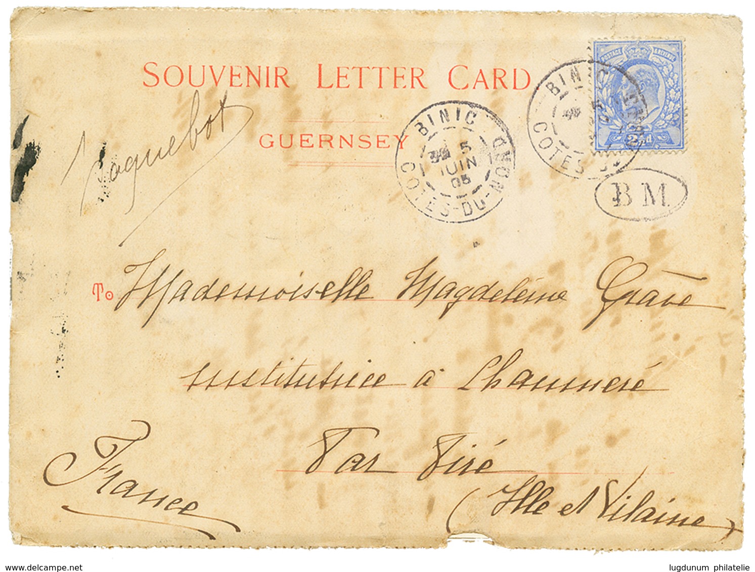 179 "BINIC" : 1905 GB 2 1/2d Obl. BINIC COTES DU NORD + B.M + "PAQUEBOT" Sur Lettre Avec Texte Daté "ST MARTIN GUERNESEY - Guernsey