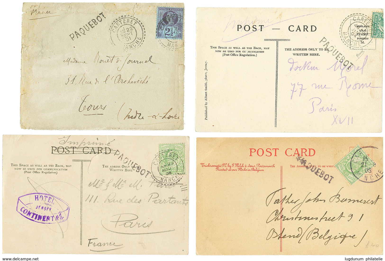 180 "CARTERET" : 1901/06 Lot 1 Lettre Et 3 Cartes Avec Timbres ANGLAIS Obl. CARTERET MANCHE. TB. - Guernsey