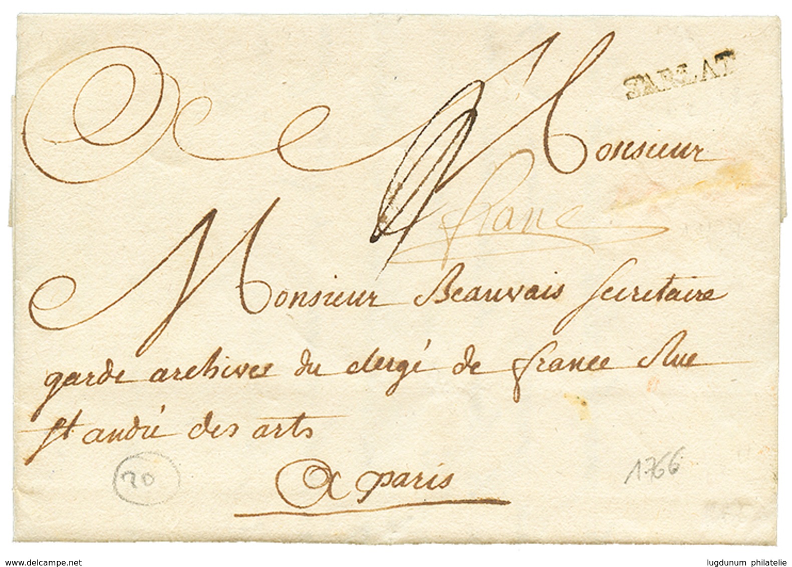 227 1766 SARLAT + "FRANC" Manuscrit Sur Lettre Pour PARIS. Indice 20. TB. - Andere & Zonder Classificatie