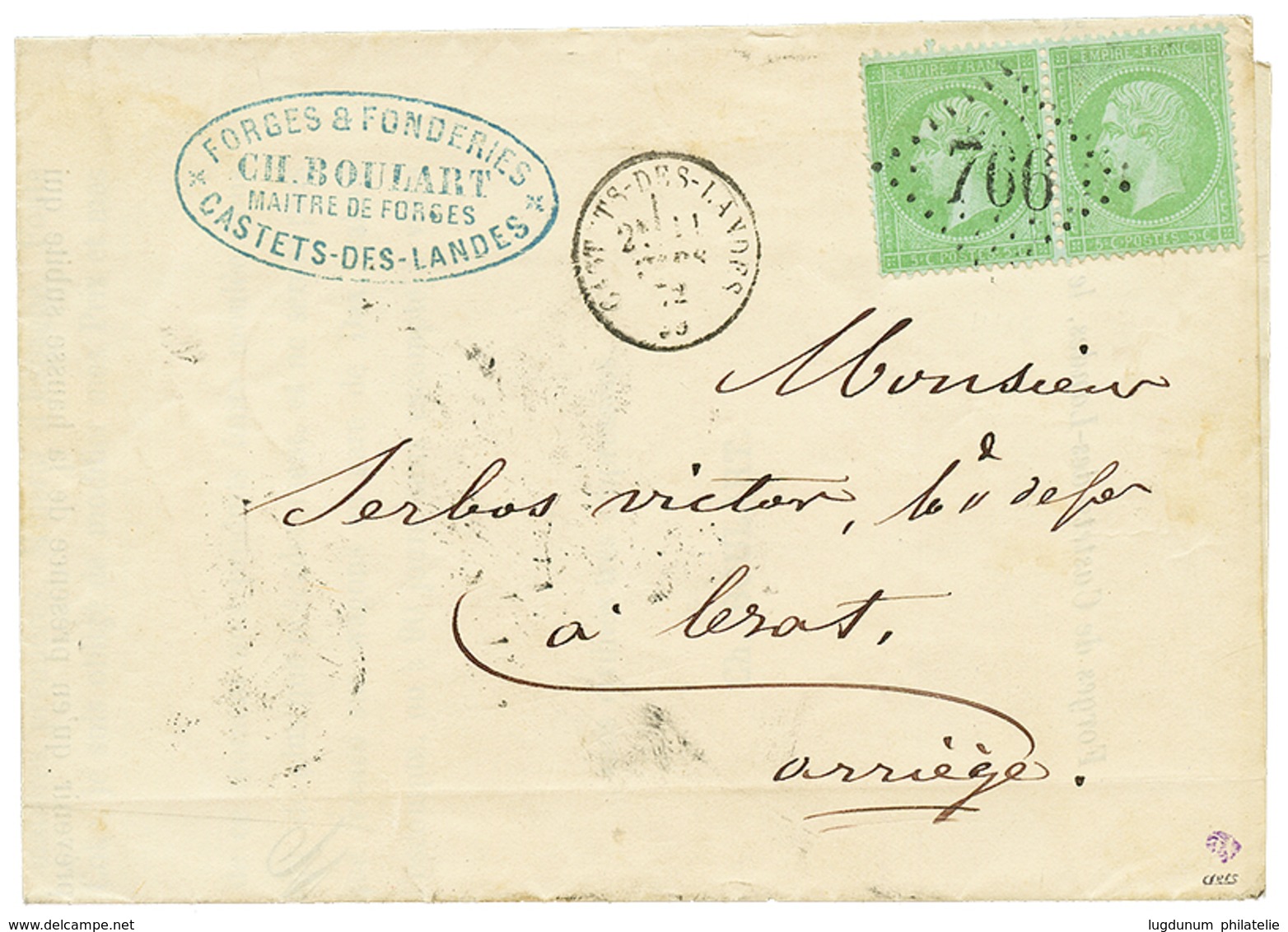 237 1872 Paire 5c Vert S/ Bleu(n°35) Obl. GC 766 + T.16 CASTETS-DES-LANDES Sur Lettre. Rare. TTB. - Altri & Non Classificati