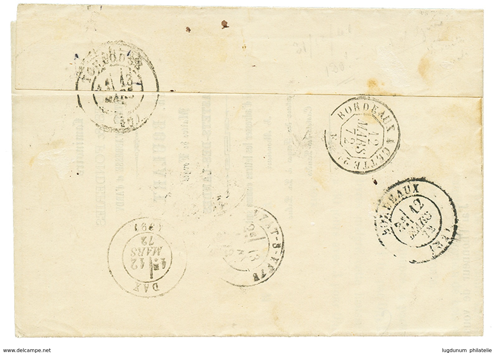 237 1872 Paire 5c Vert S/ Bleu(n°35) Obl. GC 766 + T.16 CASTETS-DES-LANDES Sur Lettre. Rare. TTB. - Other & Unclassified