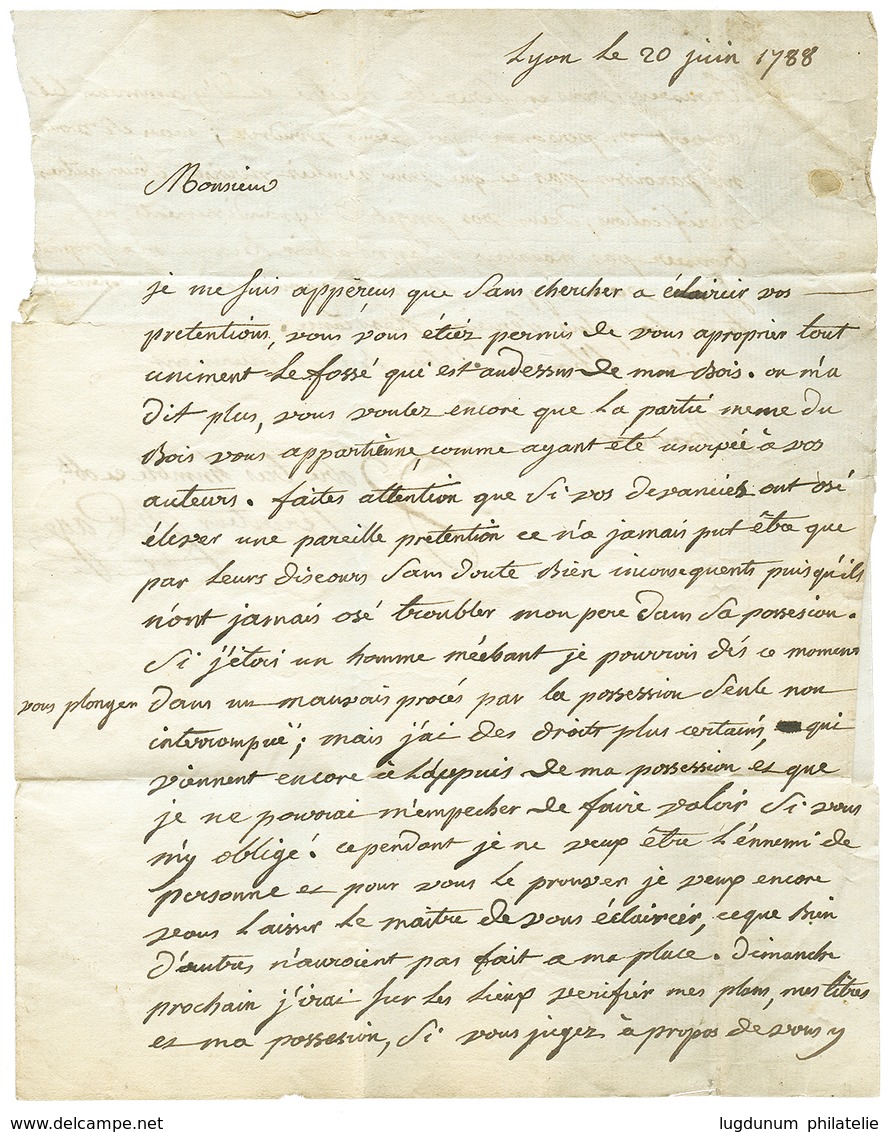 256 PETITE POSTE De LYON : 1788 PORT DU + L Sur Lettre Avec Texte Pour GENAY. TB. - Autres & Non Classés