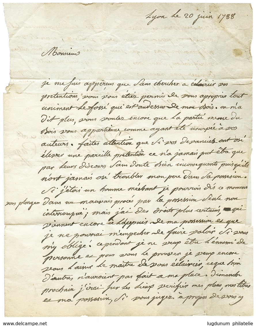 256 PETITE POSTE De LYON : 1788 PORT DU + L Sur Lettre Avec Texte Pour GENAY. TB. - Sonstige & Ohne Zuordnung