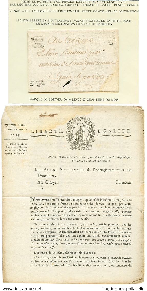257 PETITE POSTE DE LYON : An 2 / 1794 2 Lettres De LA PETITE POSTE DE LYON Pour ST GENIS LE PATRIOTE (nom Révolutionnai - Other & Unclassified