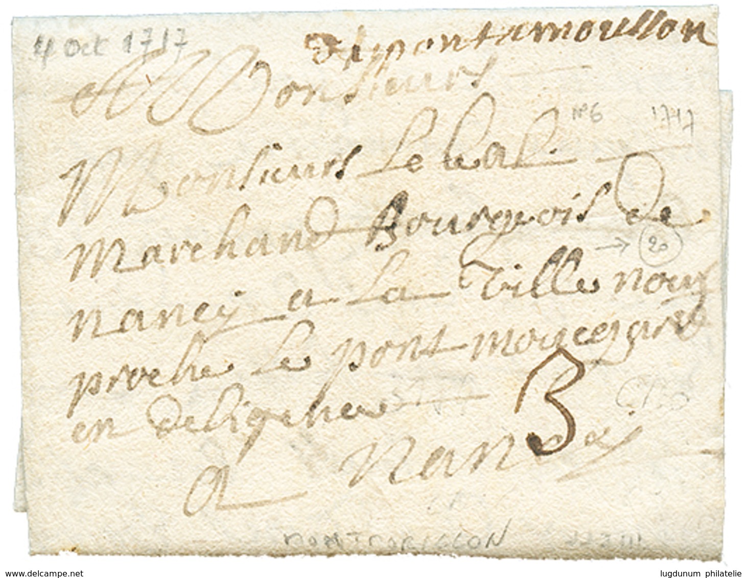 266 MEURTHE : 1717 "DE PONT A MOUSSON" Manuscrit Sur Lettre Pour NANCY. TB. - Autres & Non Classés