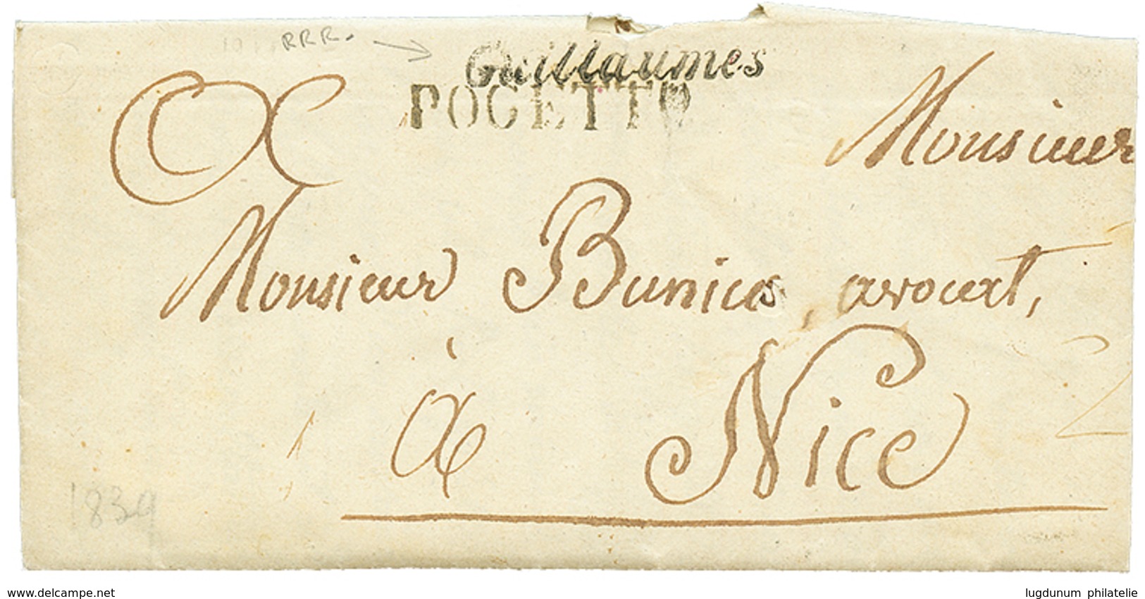 267 1839 Cachet Rare (type Cursive) GUILLAUMES + POGETTO Sur Lettre Avec Texte Pour NICE. TTB. - Sonstige & Ohne Zuordnung