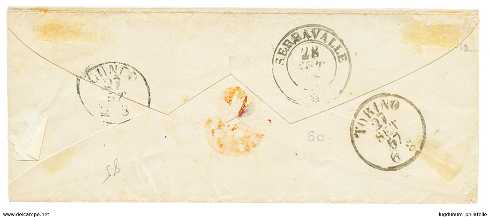 268 "SCARENA - L' ESCARENE" : 1857 SARDAIGNE 20c Obl. Cachet Sarde SCARENA Sur Enveloppe Pour SERRAVALLE. RARE. Certific - Sonstige & Ohne Zuordnung