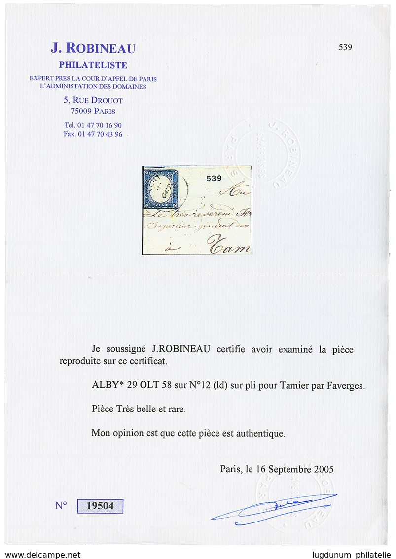271 "ALBY" : 1858 SARDAIGNE 20c(pd) Obl. Cachet Sarde Rarissime ALBY Sur Lettre Avec Texte Pour TAMIER. GRANDE RARETE De - Vide