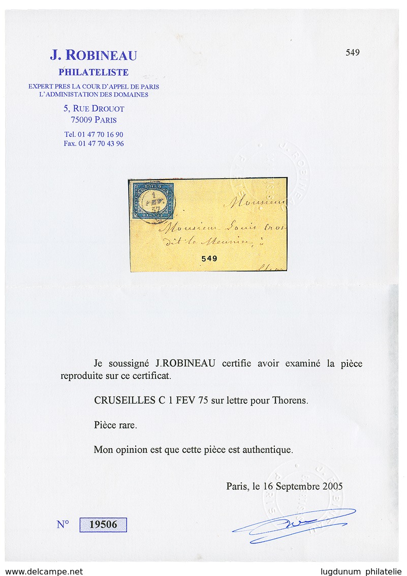 274 "CRUSEILLES" : 1857 SARDAIGNE 20c Avec 4 Marges Obl. CRUSEILLES Sur Lettre Avec Texte Daté "ST BLAISE" Pour THORENS  - Vide