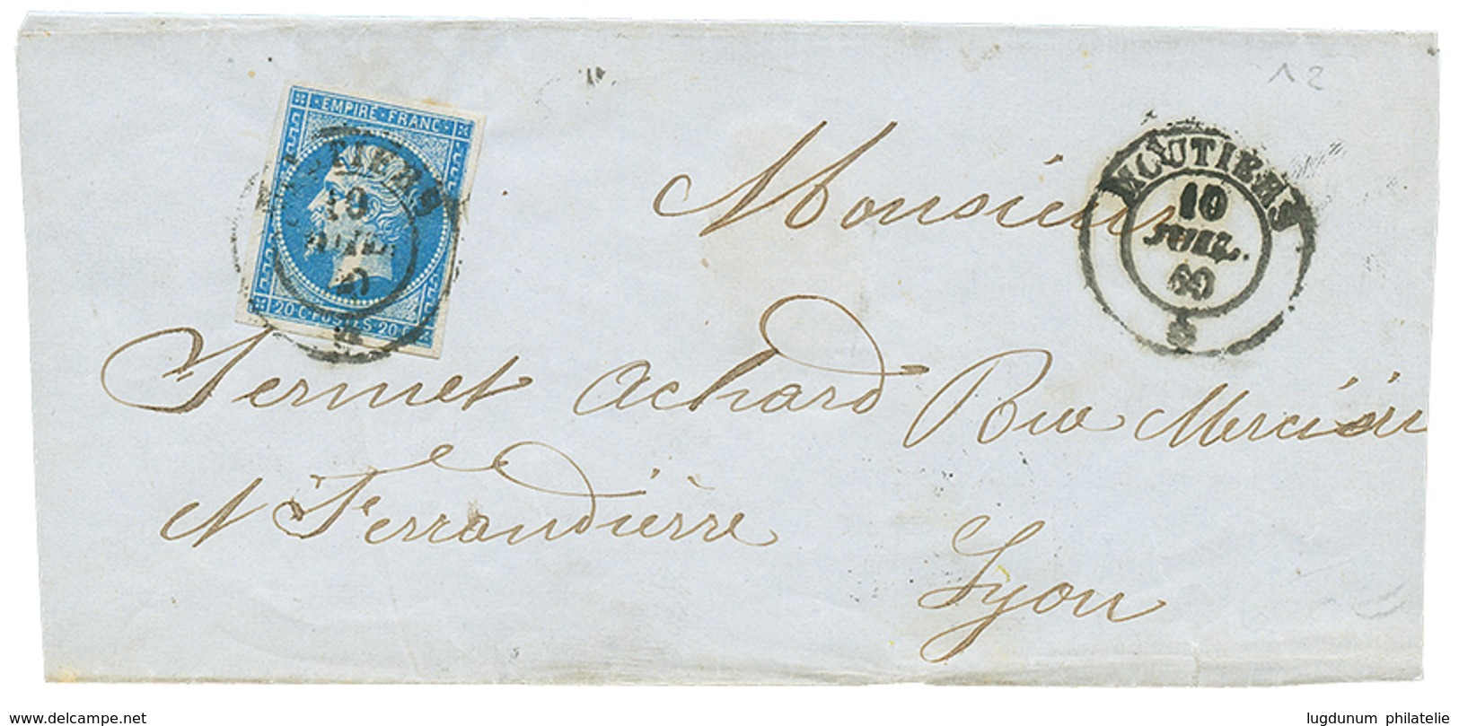 278 "MOUTIERS" : 1860 FRANCE 20c(n°14) TTB Margé Obl. Cachet Sarde MOUTIERS Sur Lettre. Superbe. - Vide