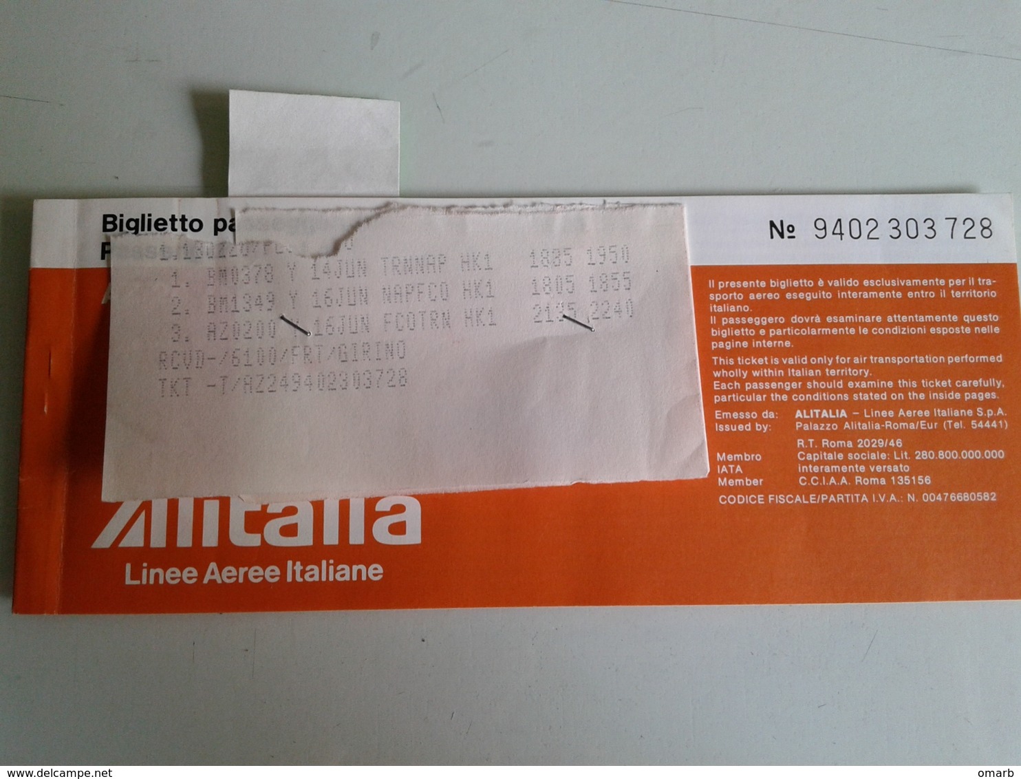 Alt1055 Alitalia Airways Billets Avion Ticket Biglietto Aereo Vintage Old 1985 Airport Flight Torino Napoli Roma - Europa