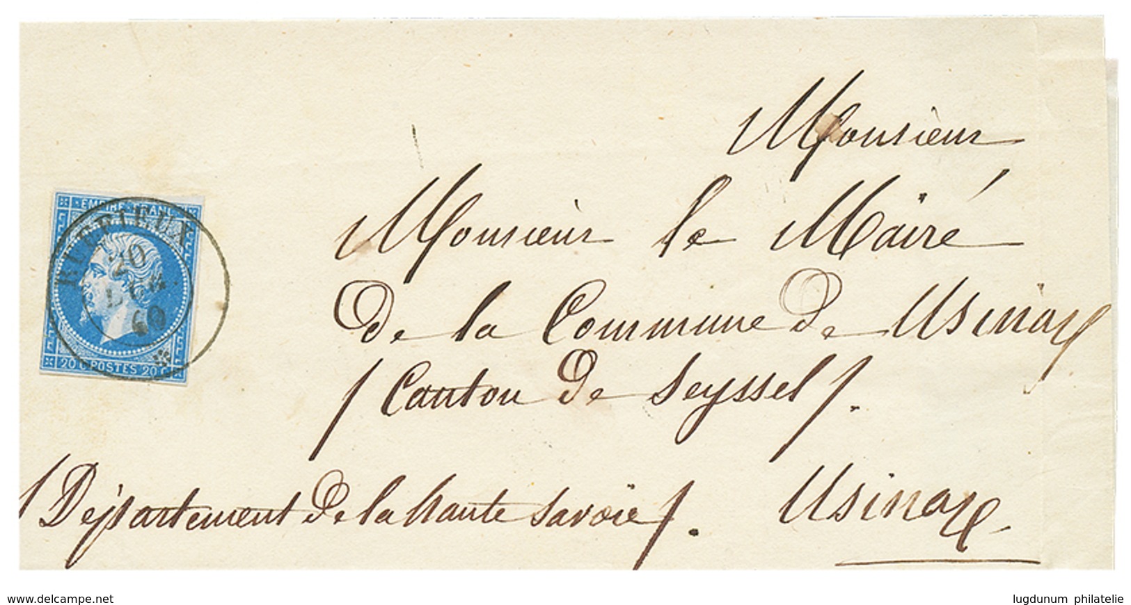 287 "RUFFIEUX" : 1860 FRANCE 20c(n°14) Obl. Cachet Sarde RUFFIEUX Sur Lettre. GRANDE RARETE. TTB. - Vide