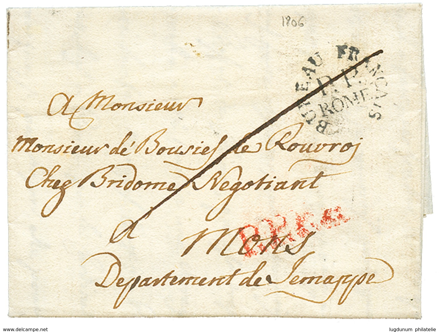 294 1806 Trés Rare Cachet BUREAU FRANCAIS/P.P /ROME Sur Lettre Avec Texte De ROME Pour MONS(BELGIQUE). TTB. - 1792-1815: Départements Conquis