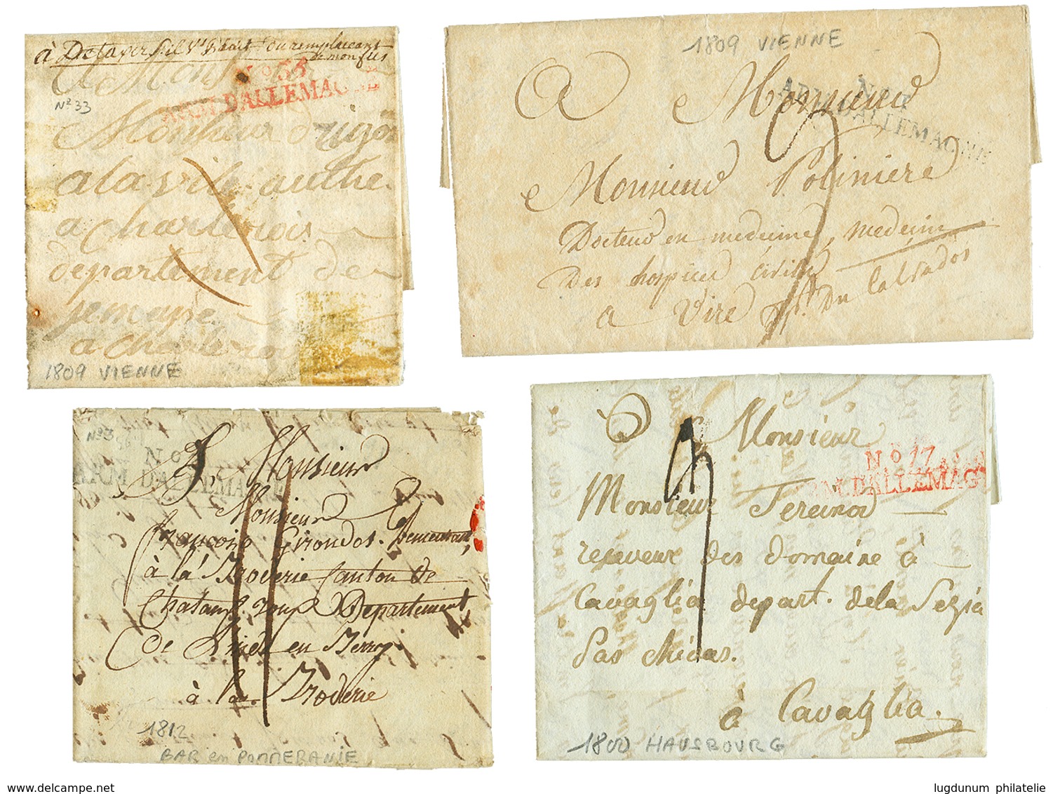 314 4 Lettres Avec Textes Datés : ARM. D'ALLEMAGNE N°1(1809 VIENNE) , N°3 (1812 BAR En POMMERANIE), N°17 (1800 AUSBOURG) - Marques D'armée (avant 1900)