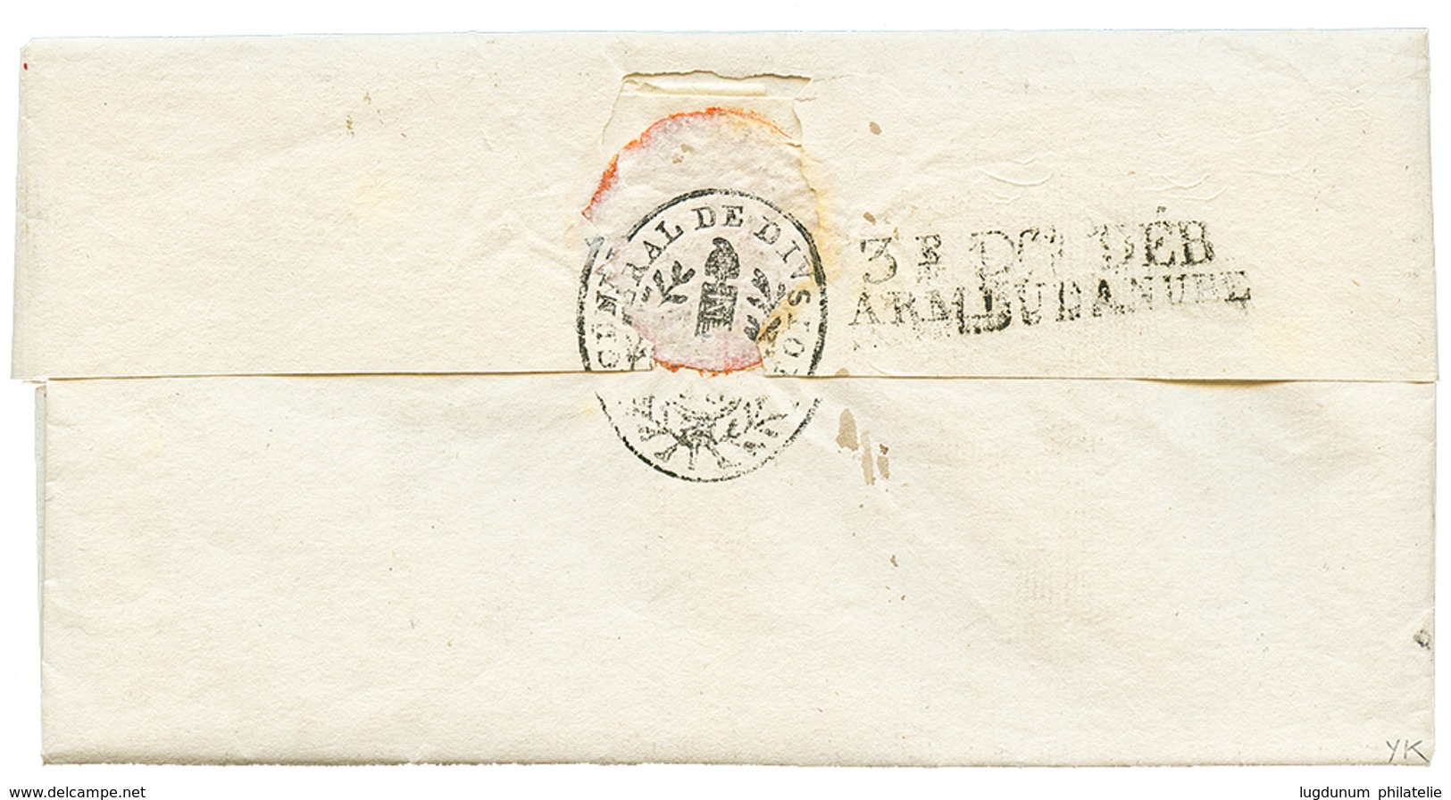 319 An 7 Trés Rare Cachet De DEBOURSE , 3e Don DEB/ ARM. DU DANUBE Au Verso D'une Lettre Avec Texte Daté "MANHEIM" Pour  - Marques D'armée (avant 1900)