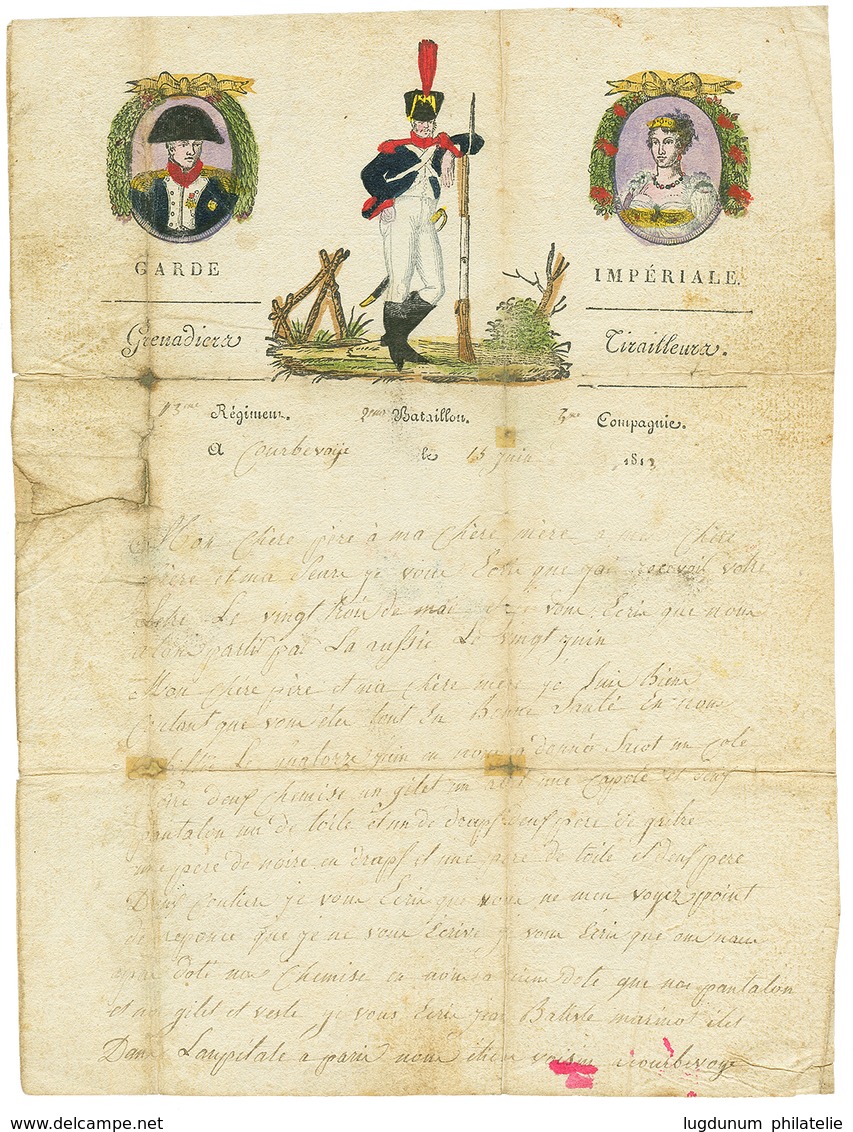 328 1813 Lettre Illustrée écrite De COURBEVOIE Le 15 Juin 1813 Ornée D'une Vignette Centrale Avec Portrait De L' EMPEREU - Army Postmarks (before 1900)