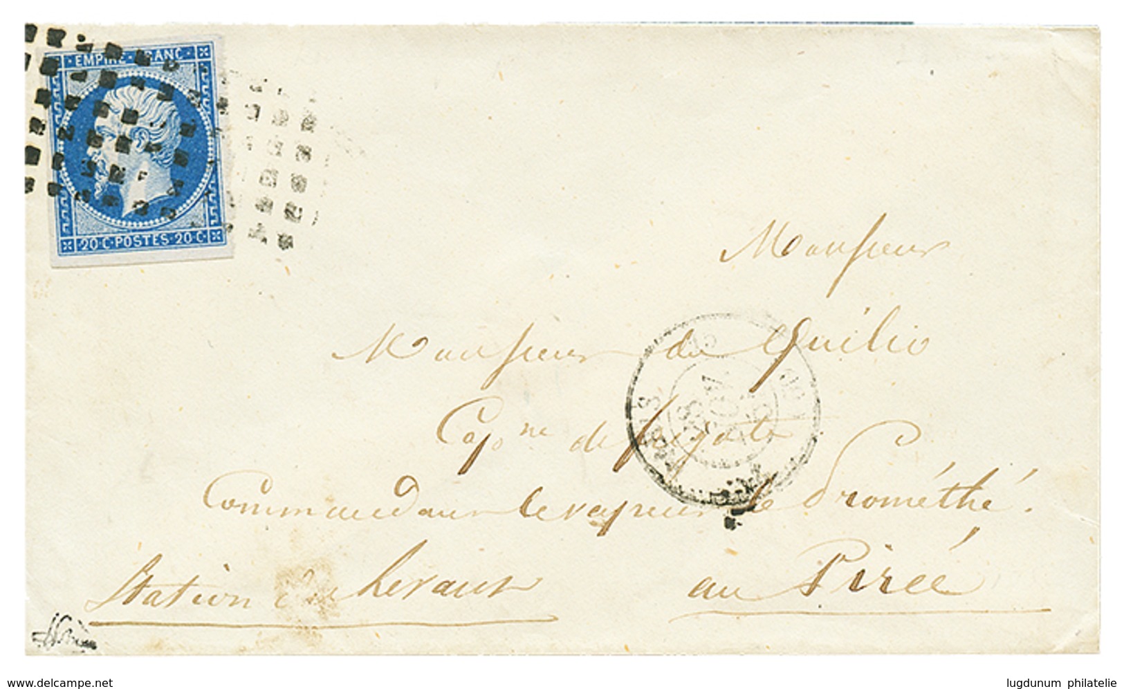 333 GUERRE De CRIMEE : 1855 20c(n°14) TTB Margé Obl. Rouleau De Gros Points Sur Enveloppe De PARIS Pour Le PIREE. Tarif  - Army Postmarks (before 1900)