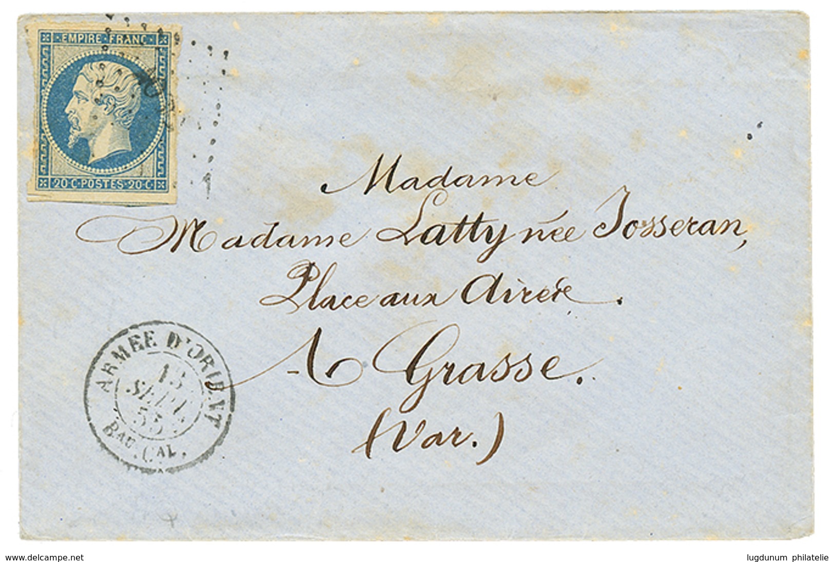 334 1855 20c(n°14) TB Margé Obl. AOBC + ARMEE D' ORIENT Bau Cal Sur Enveloppe Pour La FRANCE. TB. - Army Postmarks (before 1900)