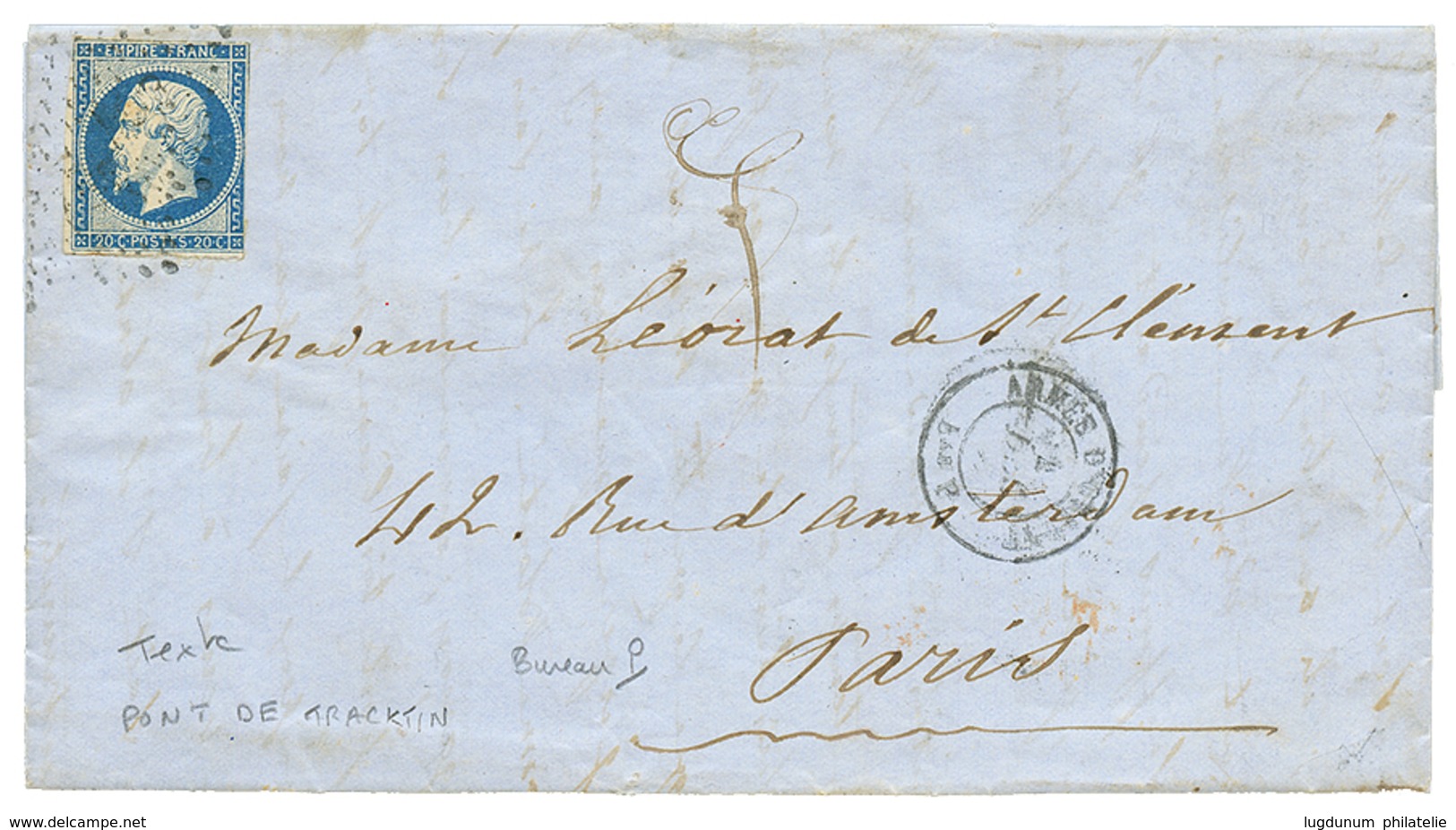337 1855 20c(n°14) + ARMEE D'ORIENT Bau P Sur Lettre Avec Texte Daté "PONT De TRACKTIN" Pour PARIS. TB. - Army Postmarks (before 1900)