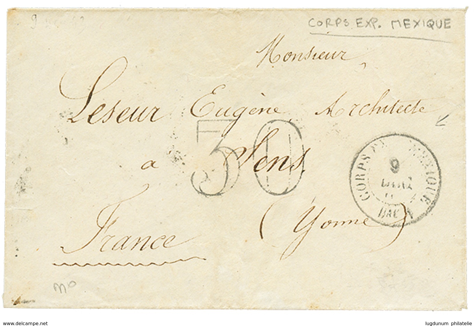 347 1864 CORPS EXP. DU MEXIQUE Bau A + Taxe 30 Sur Enveloppe Pour La FRANCE. TB. - Army Postmarks (before 1900)