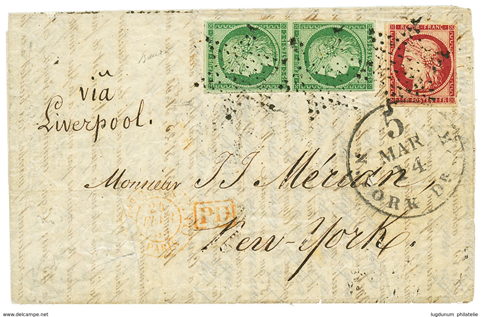 349 1853 Paire Du 15c CERES(n°2) Non Touchée + 1F (n°6) Touché Sur Lettre Pour NEW YORK (USA). TB. - 1849-1850 Ceres