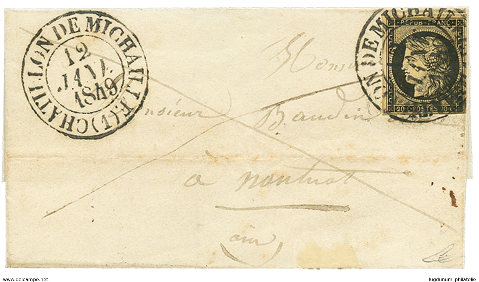 350 1849 20c Noir(n°3) Obl. Grand Cachet T.13 CHATILLON DE MICHAILLE Sur Lettre Pour NANTUA. RARE. Superbe. - 1849-1850 Ceres