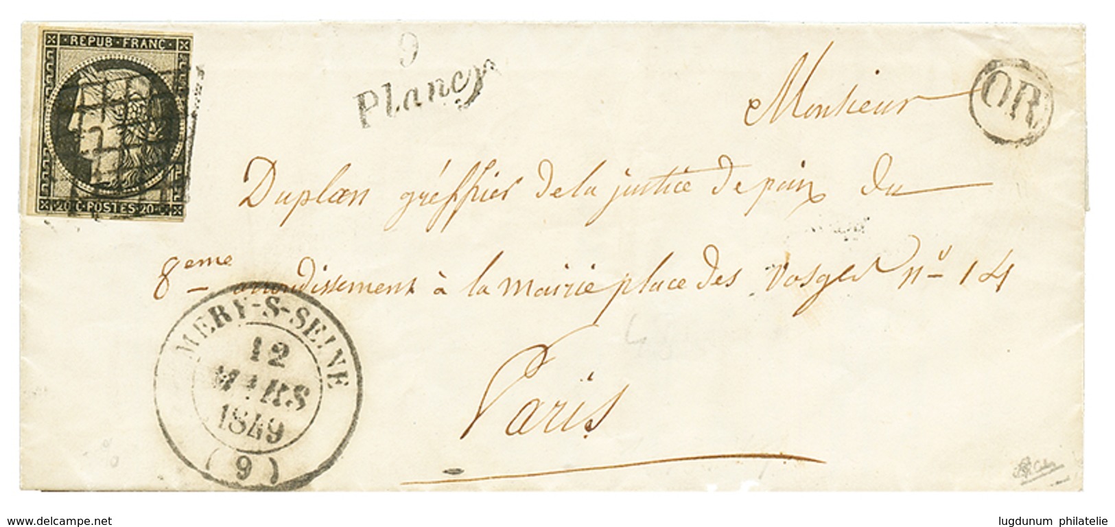 353 1849 20c(n°3) Pd Obl. Grille + Cursive 9 PLANCY + T.13 MERY-S-SEINE + OR Sur Lettre Avec Texte Daté "CHAMPFLEURY Par - 1849-1850 Ceres