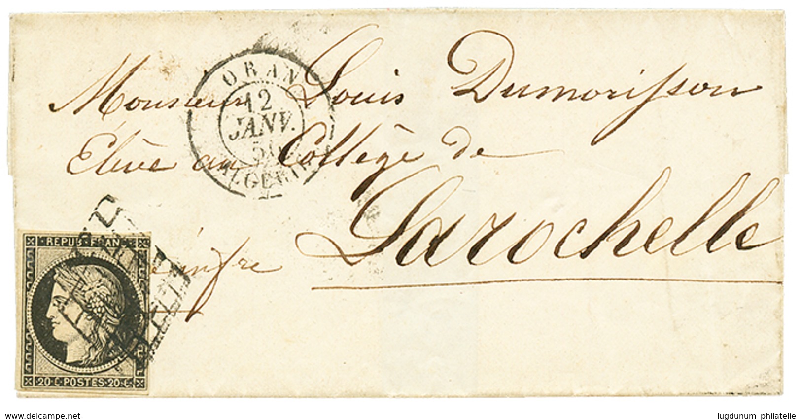 355 1850 20c CERES(n°3) TB Margé Obl. Grille + T.15 ORAN ALGERIE Sur Lettre Pour La FRANCE. TTB. - 1849-1850 Cérès